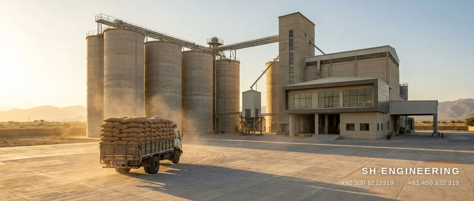 SH Engineering flour mill facility with grain silos in Punjab, Pakistan at golden hour