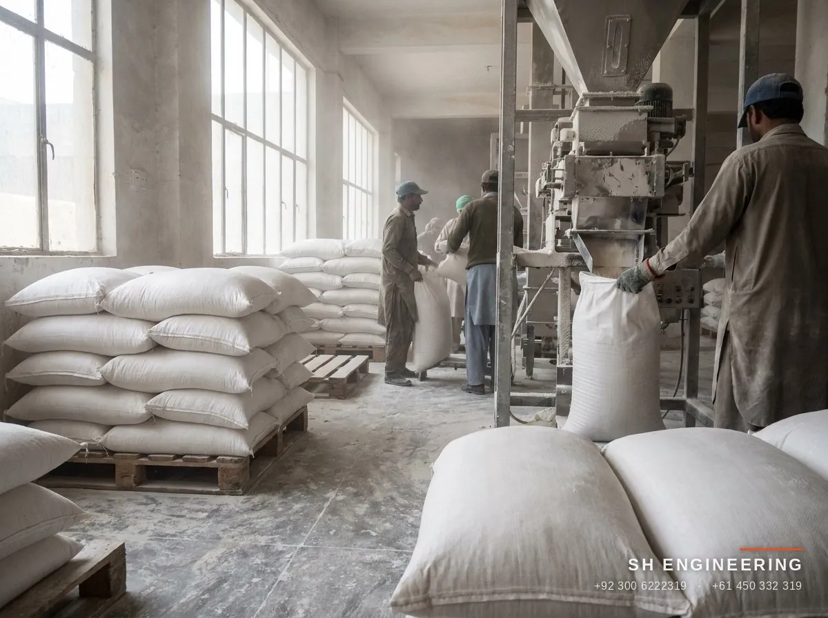 Flour bags stacked in a mill packing hall