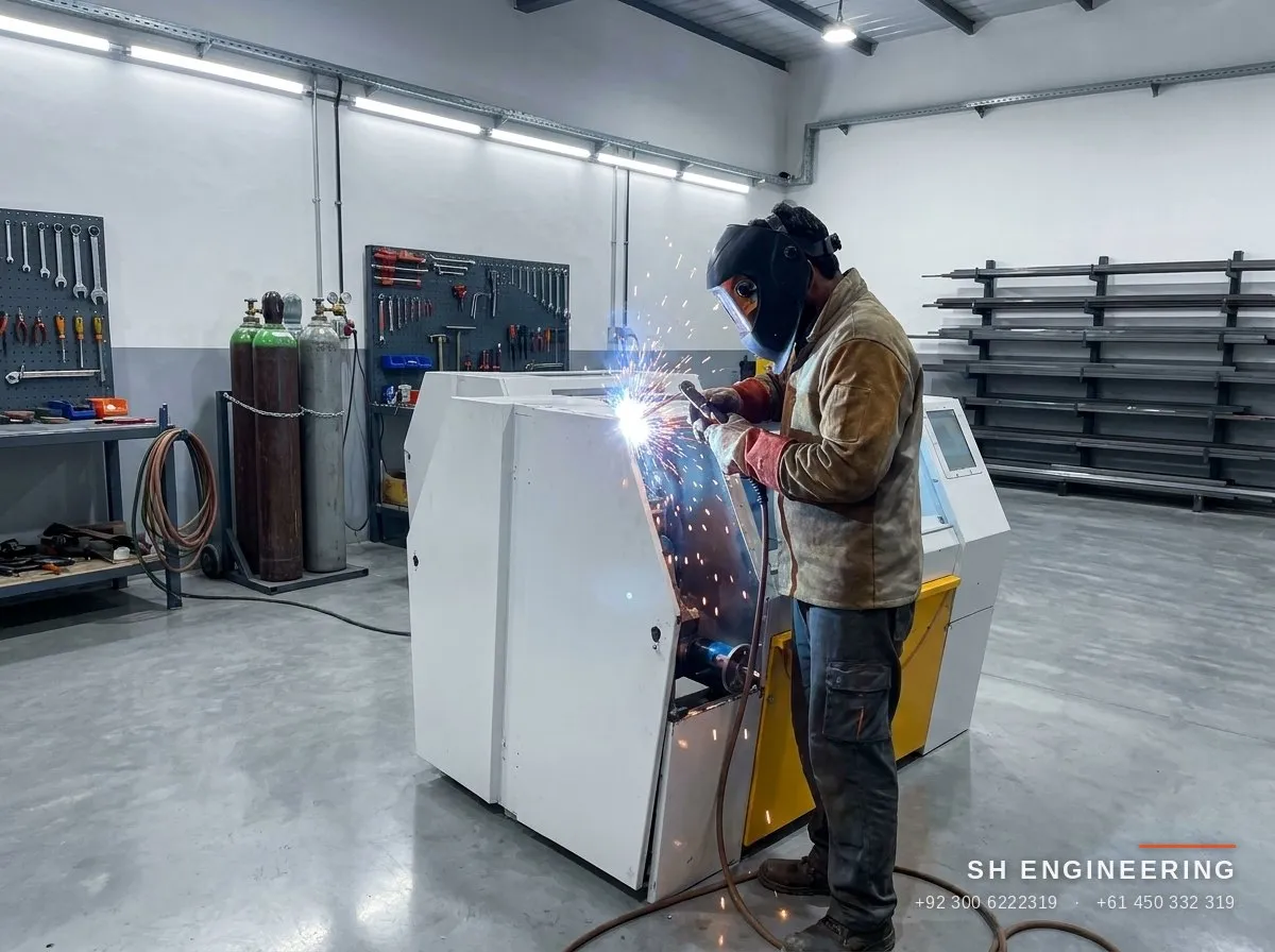 Craftsman welding an SH-RM40 roller mill body frame in the Gujrat workshop