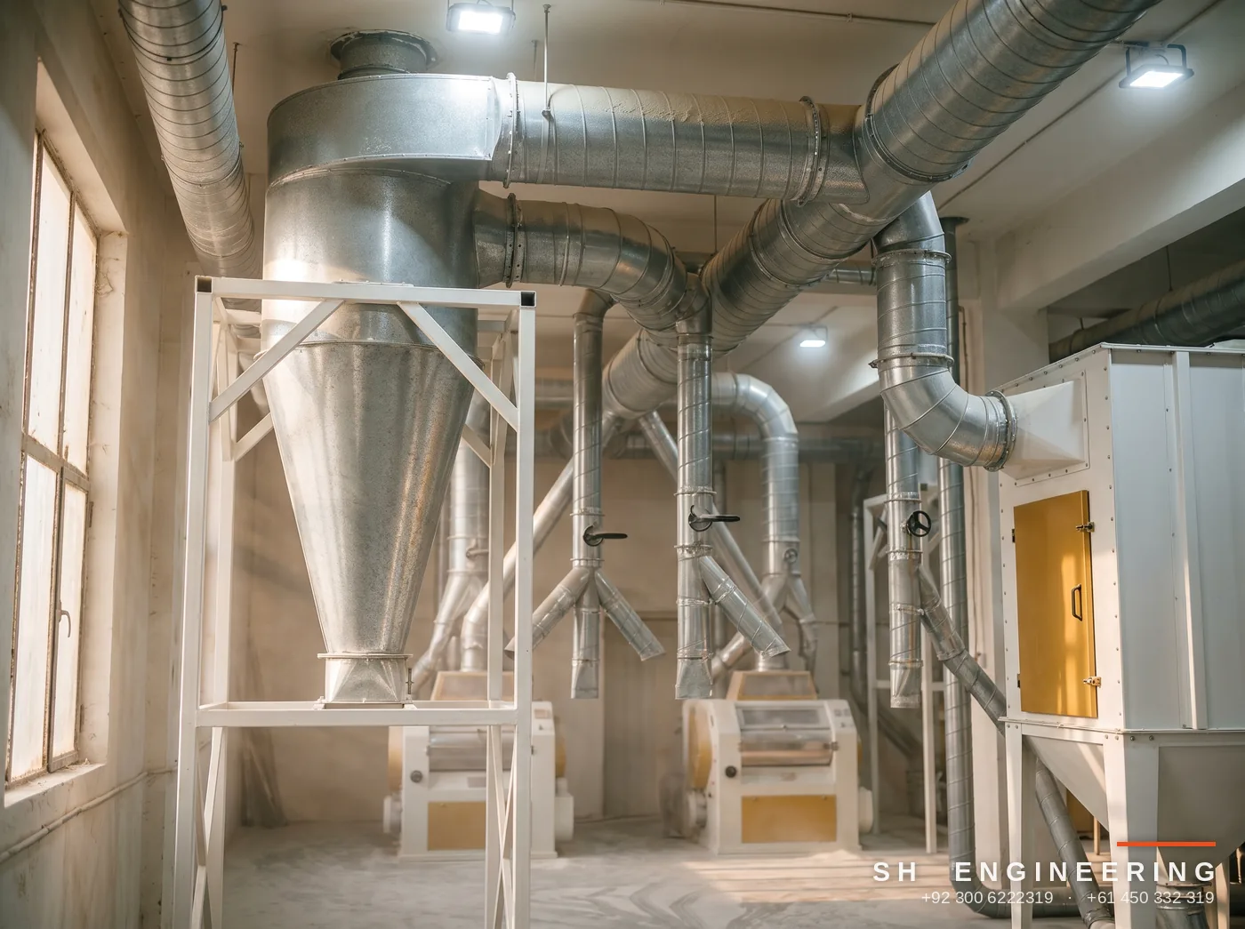 Aspiration ducting and cyclone dust collection inside a flour mill, visualization based on our installations