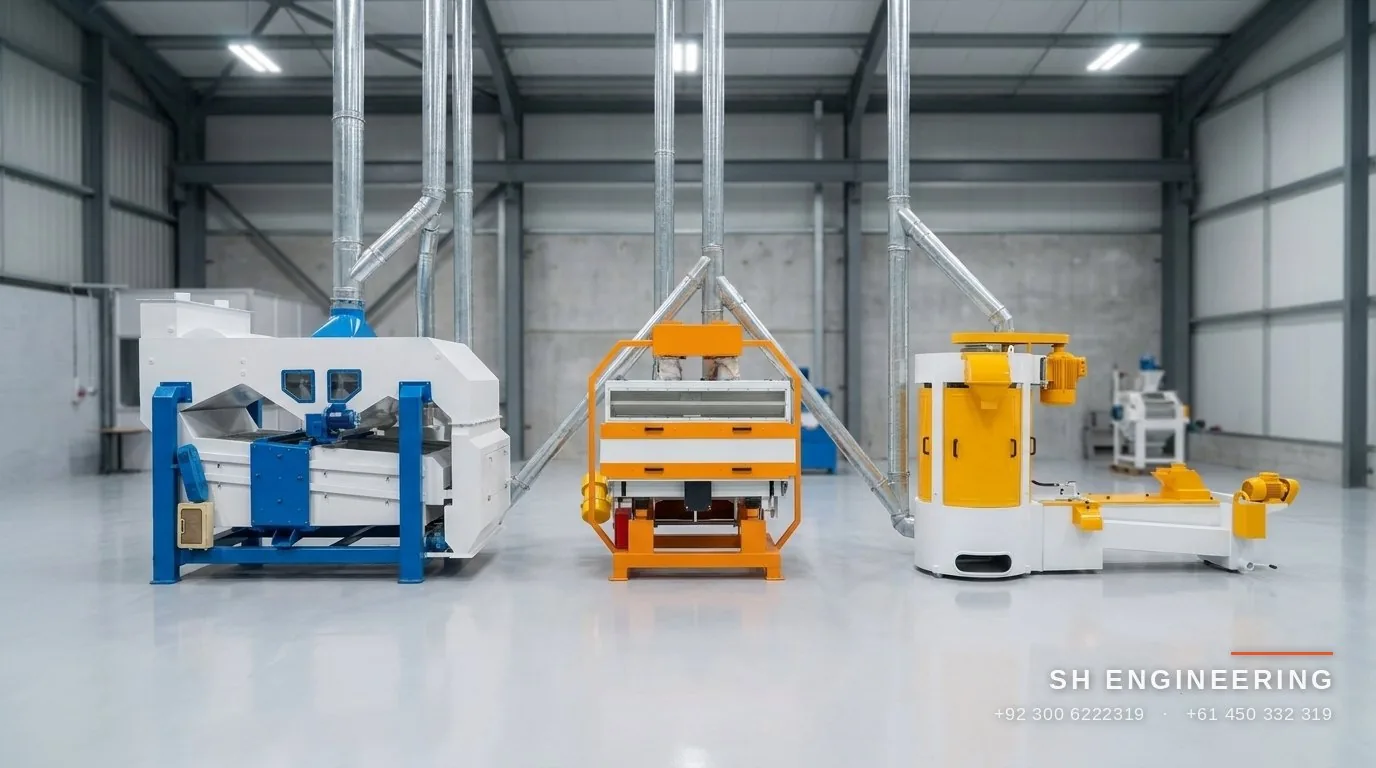 Wheat cleaning section line: separator, destoner and washer connected by ducting in a mill building